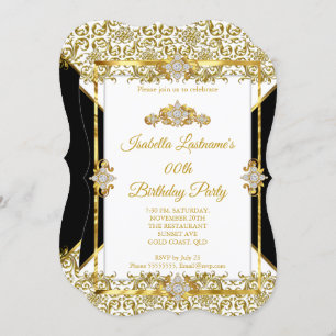 Damask Gold Schwarz-weiß Diamond Geburtstagsparty Einladung