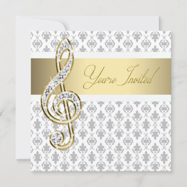 Damask Gold Treble Clef Einladungen (Vorderseite)