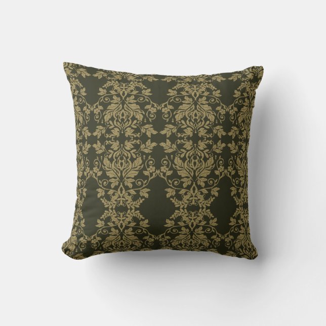 Damask Gold und Dunkle Olive Dekoration Kissen (Vorderseite)