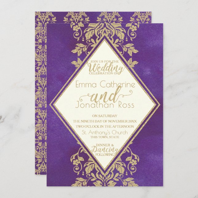 Damask Gold und Royal Lila Wedding Einladung (Vorne/Hinten)