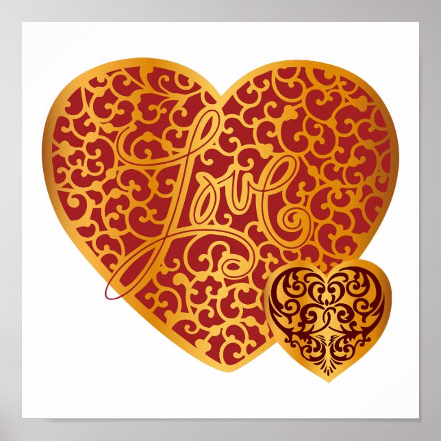 Damask Golden Liebe Rotes Herz Poster (Vorne)