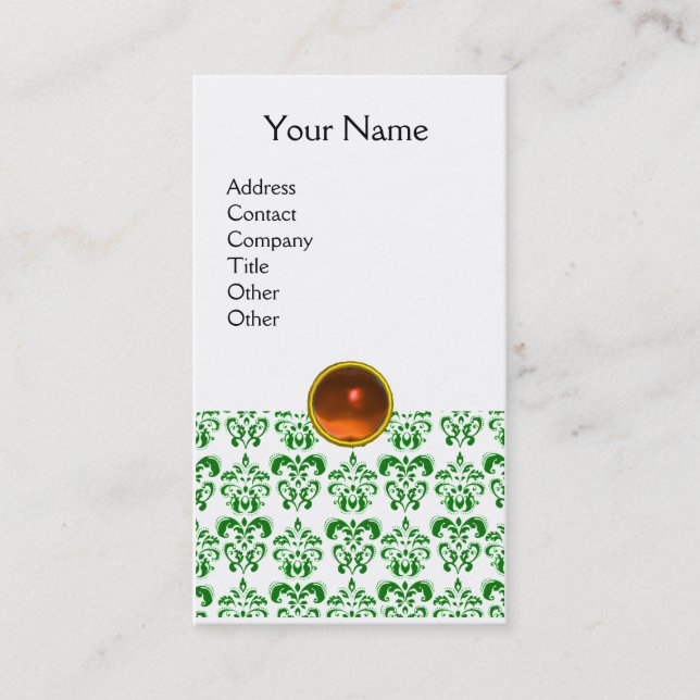 DAMASK GREEN MONOGRAM-Edelstein Orange Visitenkarte (Vorderseite)