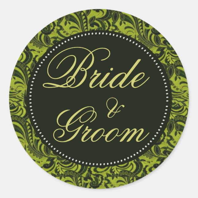 Damask Green Pattern Hochzeitsticker Runder Aufkleber (Vorderseite)