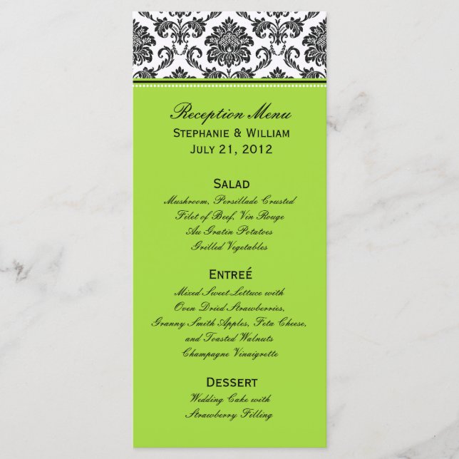 Damask Green Wedding Menu Rack Card Menükarte (Vorderseite)