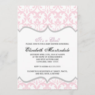 Damask Heart Pink Ribbon Babydusche Einladung