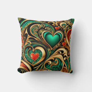 Damask Hearts Gold Aquamarin Coral Repeat Muster Kissen