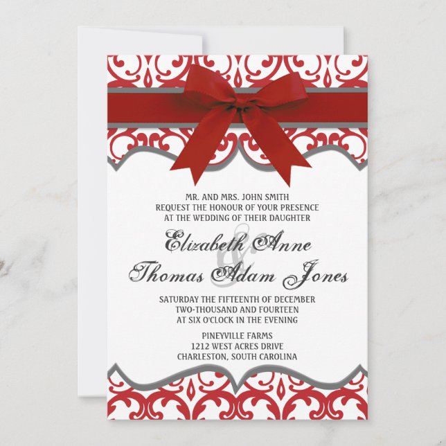 Damask Herz mit Red Ribbon Hochzeit Einladung (Vorderseite)