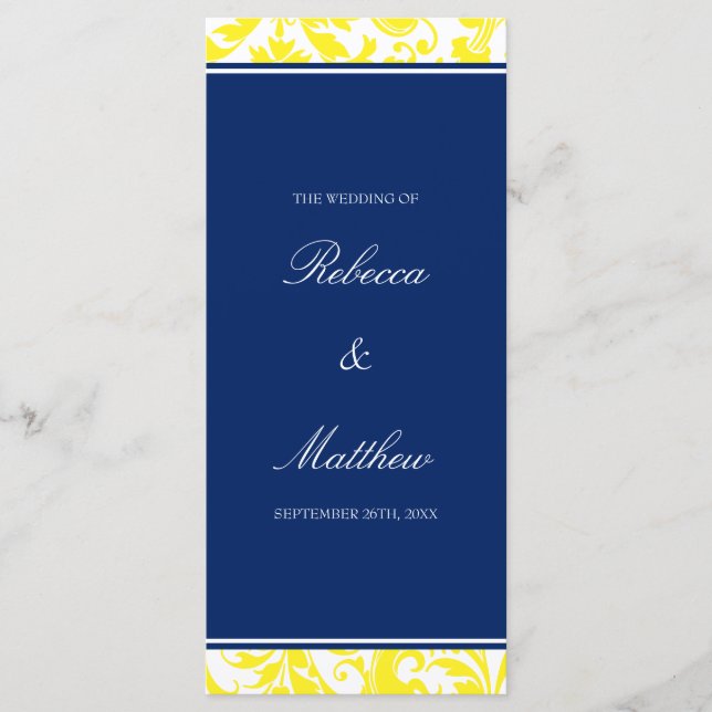 Damask Hochzeitsprogramm für Marineblau und Gelb-W Programm (Vorderseite)
