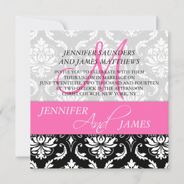 Damask Hot Pink Monogramm Name Hochzeitsaufenthalt Einladung (Vorderseite)