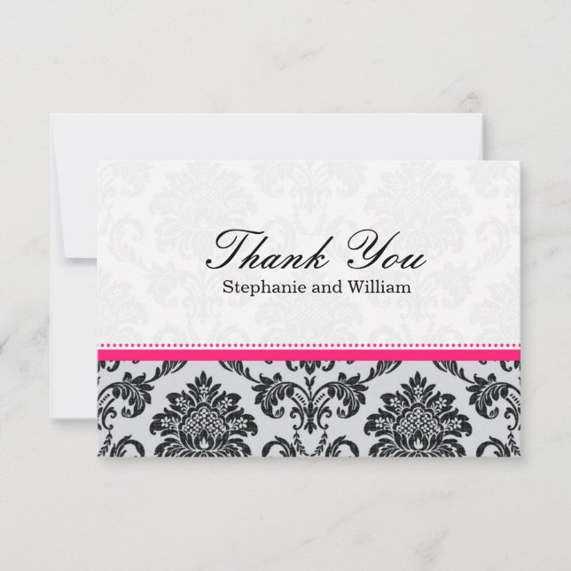 Damask Hot Pink Wedding Danke Card (Vorderseite)