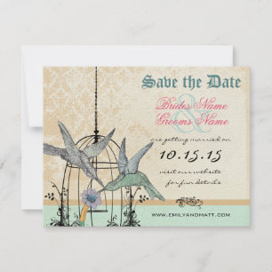 Damask Hummingbird Birdcage Wedding Save the Date Einladung
