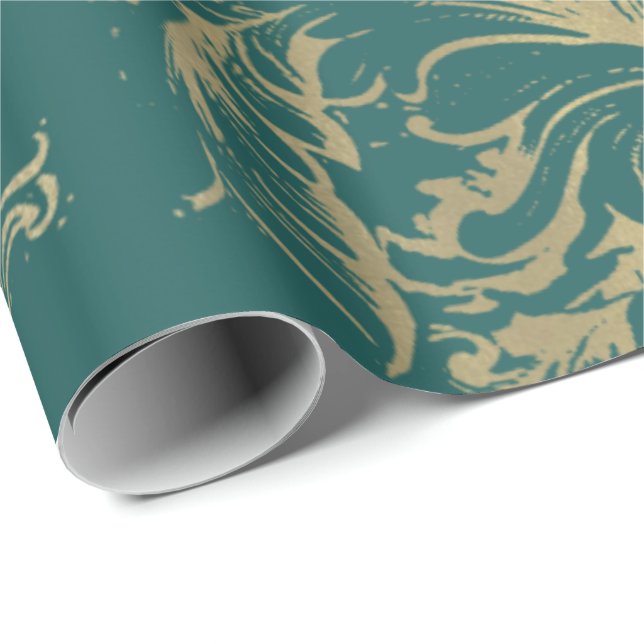 Damask Imitate Gold Royal Metallic Aquamarine Hütt Geschenkpapier (Rolleneckpunkt)