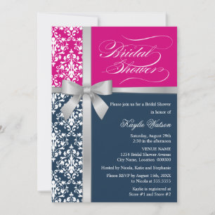 Damask Imitate Silber Ribbon Navy Pink Brautparty Einladung