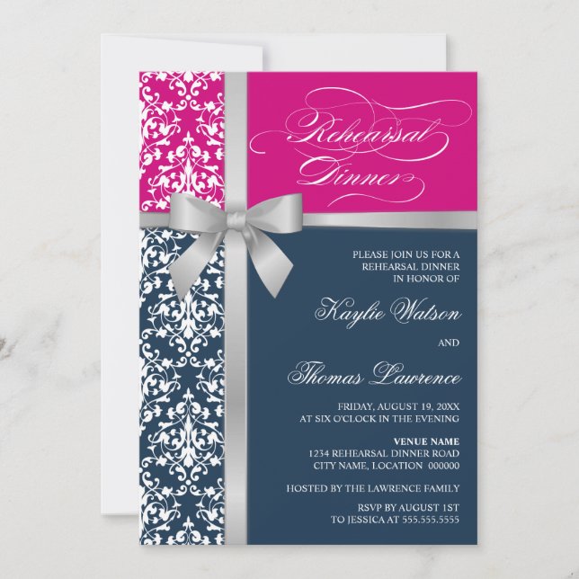 Damask Imitate Silber Ribbon Probe Abendessen Einladung (Vorderseite)