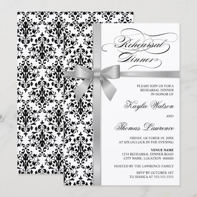 Damask Imitate Silber Ribbon Probe Abendessen Einladung (Vorne/Hinten)