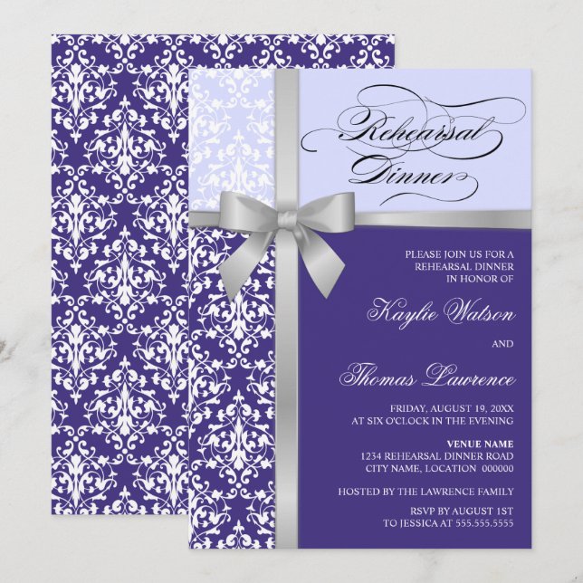 Damask Imitate Silver Ribbon Lila Probe Abendessen Einladung (Vorne/Hinten)