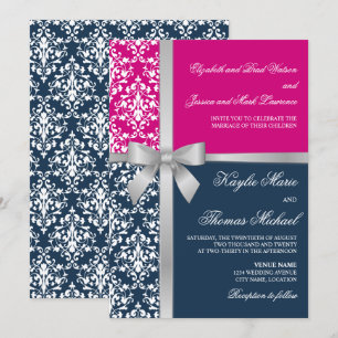 Damask Imitate Silver Ribbon Navy Fuchsia Hochzeit Einladung