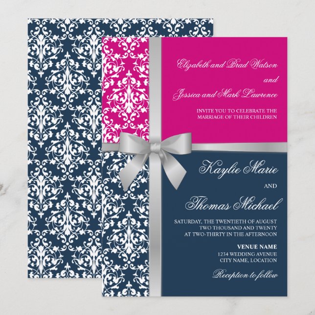 Damask Imitate Silver Ribbon Navy Fuchsia Hochzeit Einladung (Vorne/Hinten)