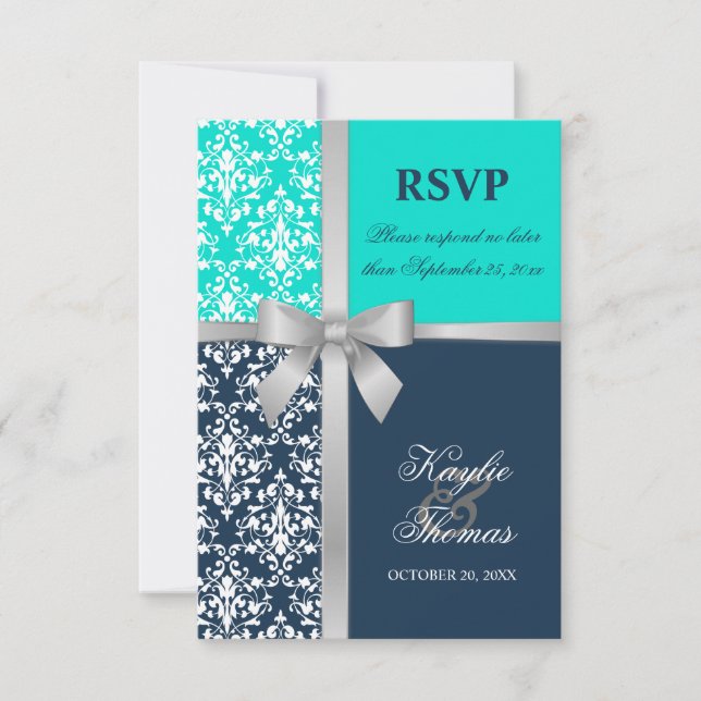 Damask Imitate Silver Ribbon Navy Hochzeit RSVP Karte (Vorderseite)