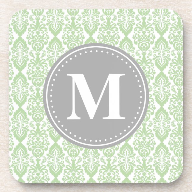 Damask in Mint Green Grey Monogram Getränkeuntersetzer (Vorderseite)