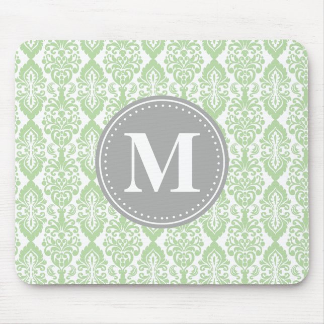 Damask in Mint Green Grey Monogram Mousepad (Vorne)