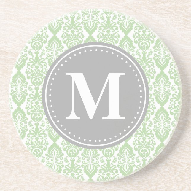 Damask in Mint Green Grey Monogram Untersetzer (Vorne)