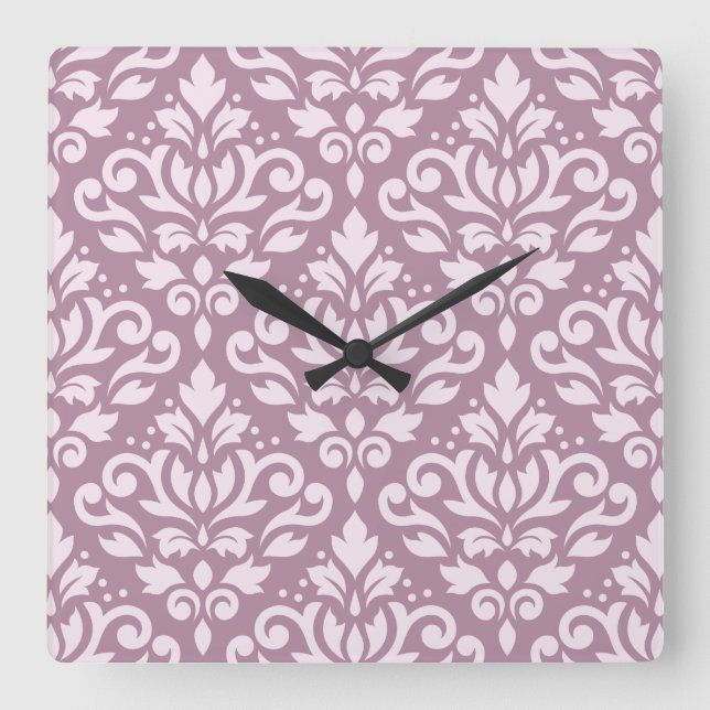 Damask Large Pattern Pink on Mauve Quadratische Wanduhr (Vorderseite)