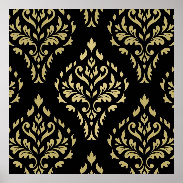 Damask Leafy Baroque Muster Schwarz & Golds Poster (Vorne)