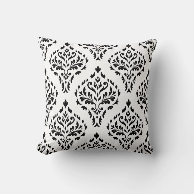 Damask Leafy Baroque Wiederholung Muster B&W II Kissen (Vorderseite)