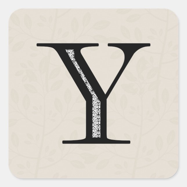 Damask Letter Y - Schwarz Quadratischer Aufkleber (Vorderseite)