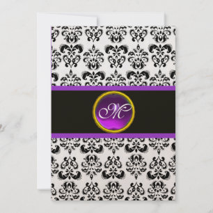 DAMASK LILA AMETHYST MONOGRAM, Schwarz und Gold Einladung