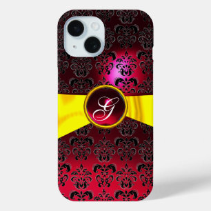 DAMASK MÄDLICH MONOGRAMM, rotes, goldgelbes Band iPhone 15 Hülle