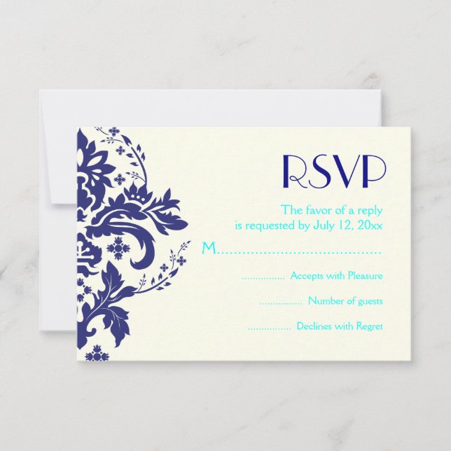 Damask Marine blau, aqua wedding RSVP Antwortkarte (Vorderseite)