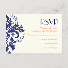 Damask Marine blau, Korallenhochzeit RSVP Antwortk Karte