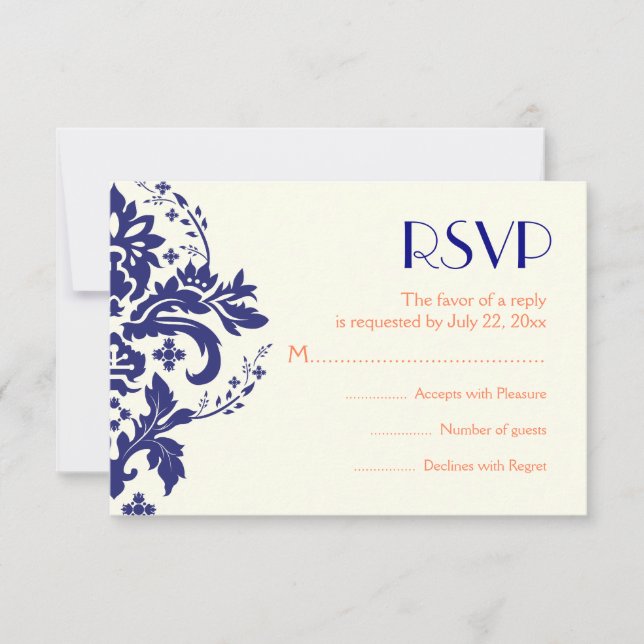 Damask Marine blau, Korallenhochzeit RSVP Antwortk Karte (Vorderseite)