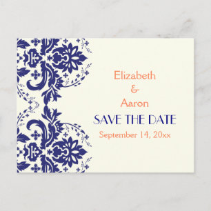 Damask Marine blau, Korallenhochzeit Save the Date Ankündigungspostkarte