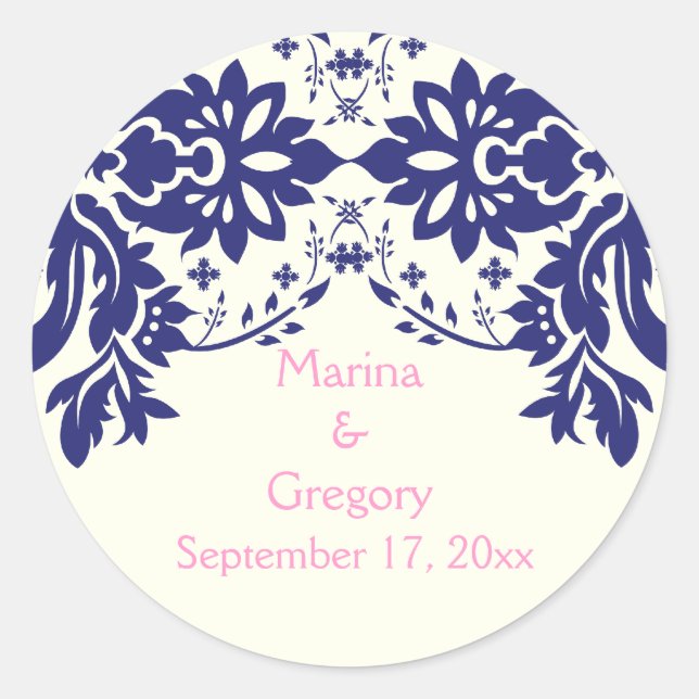 Damask Marine blau, pink, Hochzeit Save the Date Runder Aufkleber (Vorderseite)
