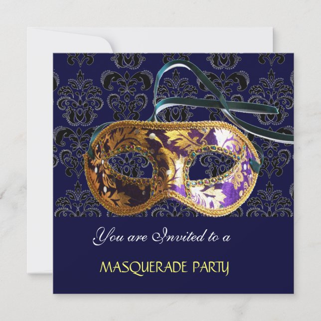 DAMASK MASQUERADE PARTY blau Einladung (Vorderseite)
