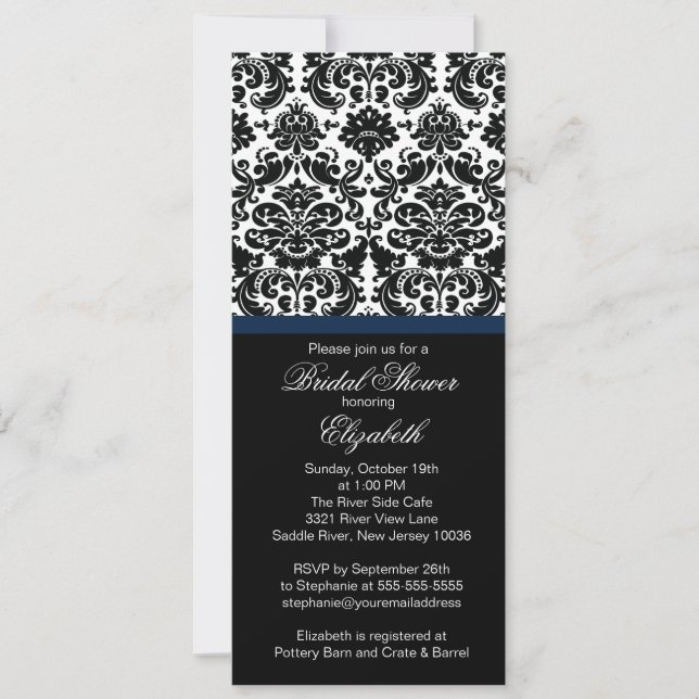 Damask Midnight Blue Bridal Dusche Einladung (Vorderseite)