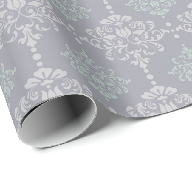 Damask Mint Green Pastel Gray Gray Delicate Geschenkpapier (Rolleneckpunkt)