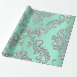 Damask Mint Green Royal Metallic Silver Glitzer Geschenkpapier