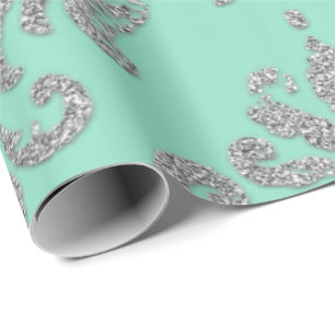 Damask Mint Green Royal Metallic Silver Glitzer Geschenkpapier