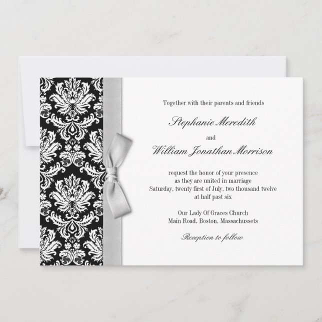Damask mit grauem Silberbow-Hochzeitsempfang Einladung (Vorderseite)