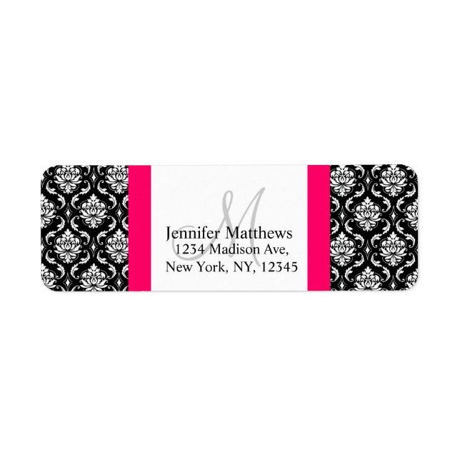 Damask Monogram Address Labels Pink Schwarz-weiß (Vorne)