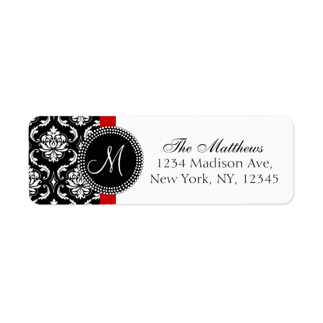 Damask Monogram Address Labels Red Schwarz-weiß (Vorne)