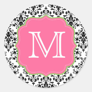 Damask Monogram Black Pink Green Runder Aufkleber