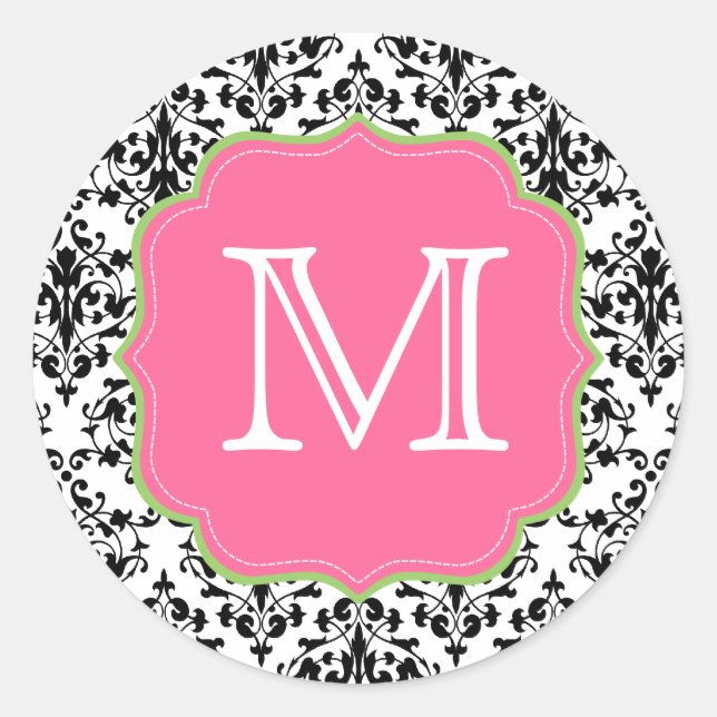 Damask Monogram Black Pink Green Runder Aufkleber (Vorderseite)