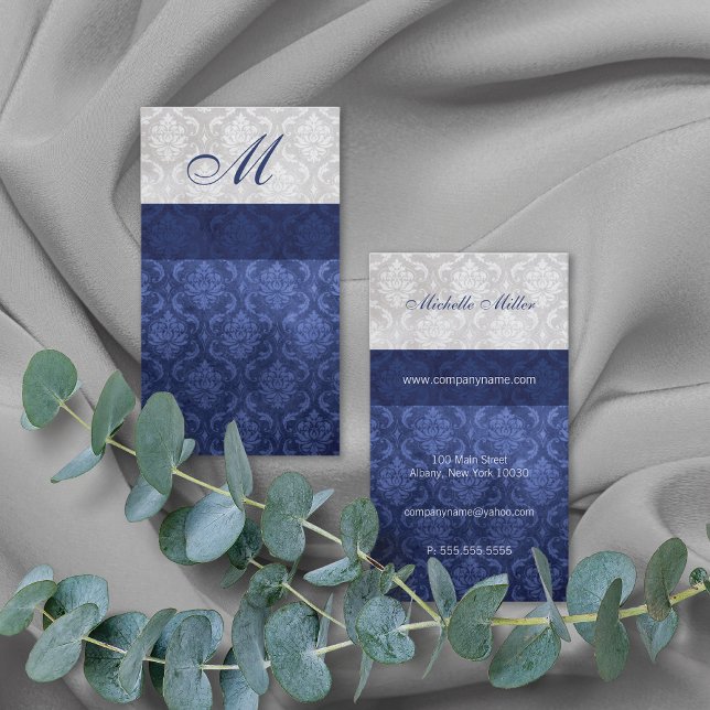 Damask Monogram Blue Gray Visitenkarte (Von Creator hochgeladen)