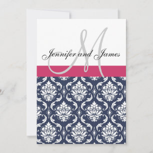 Damask Monogram Blue Pink White Weditation Einladu Einladung