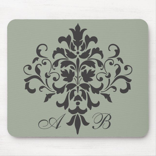 Damask Monogram in Elegangrau oder Grau Mousepad (Vorne)